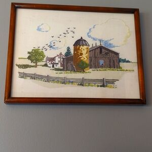 Farm Scene Crewel Framed Picture Vintage